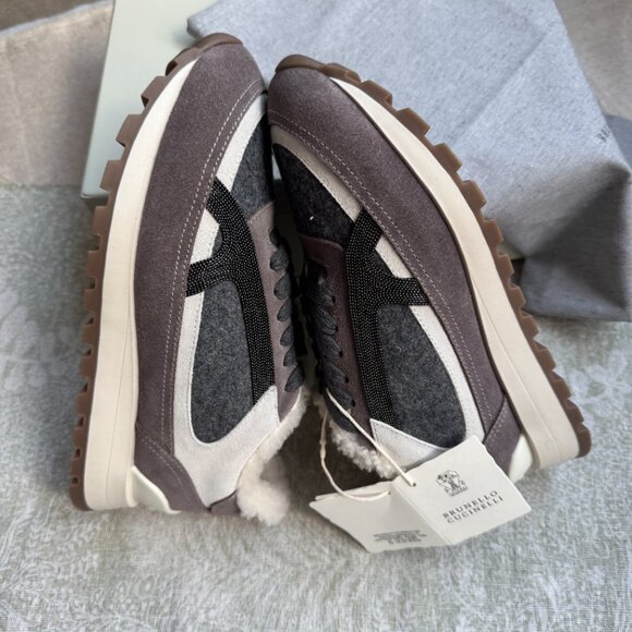 Brunello Cucinelli Fur-Lined Suede And Wool Sneakers - Picture 3 of 13
